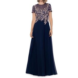 Betsy & Adam - Short Sleeve Beaded Embroidery-Trim Gown